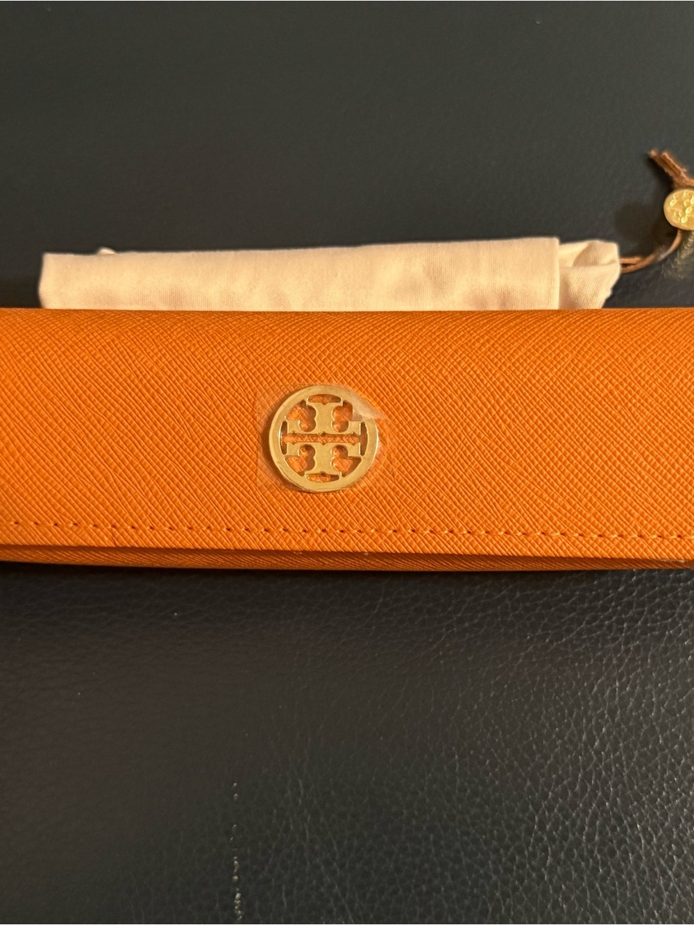 Tory Burch Orange Saffiano Sunglasses Case with Gold Logo